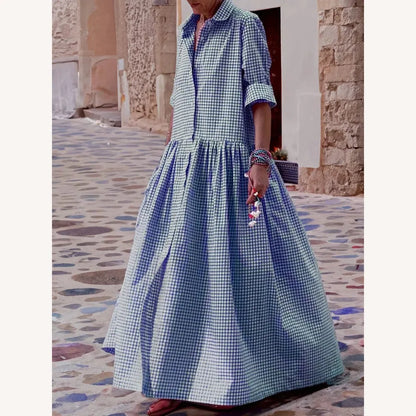 Long Women's Dress with Long Sleeves in Cotton and Linen – Elegant and Comfortable Checkered Fabric