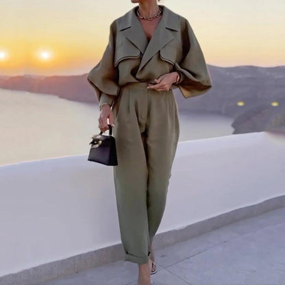 Combi Chic Women's Linen Pants with Puff Sleeves and High Waist – Elegance for Evening