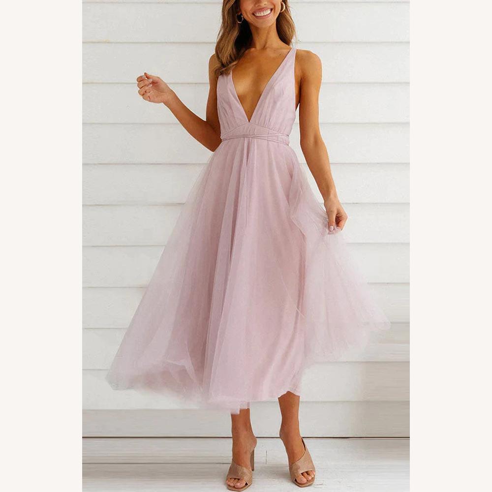 Women's Midi Dress in Tulle with V-Neck – Elegant and Chic for Special Occasions