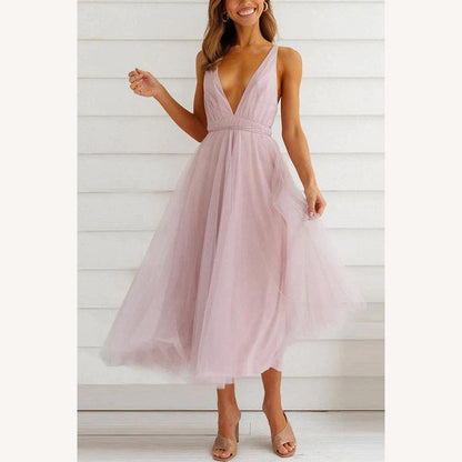 Women's Midi Dress in Tulle with V-Neck – Elegant and Chic for Special Occasions