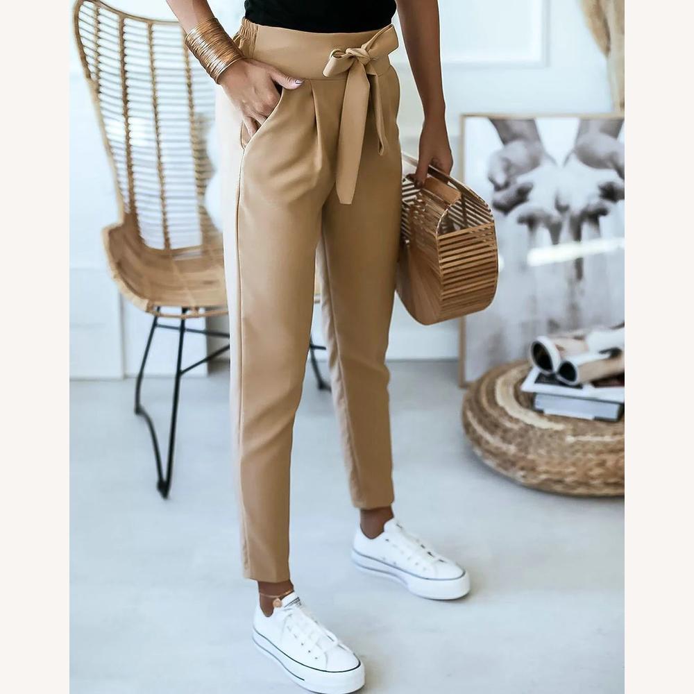 Pantalon Femme Taille Haute Décontracté en Polyester et Spandex – Confort et Élégance, Disponible en Plusieurs Couleurs