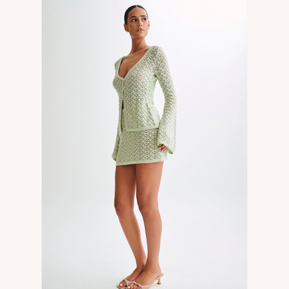 Women's Boho Chic Crochet Set - V-Neck Cardigan and Matching Mini Skirt in Breathable Cotton
