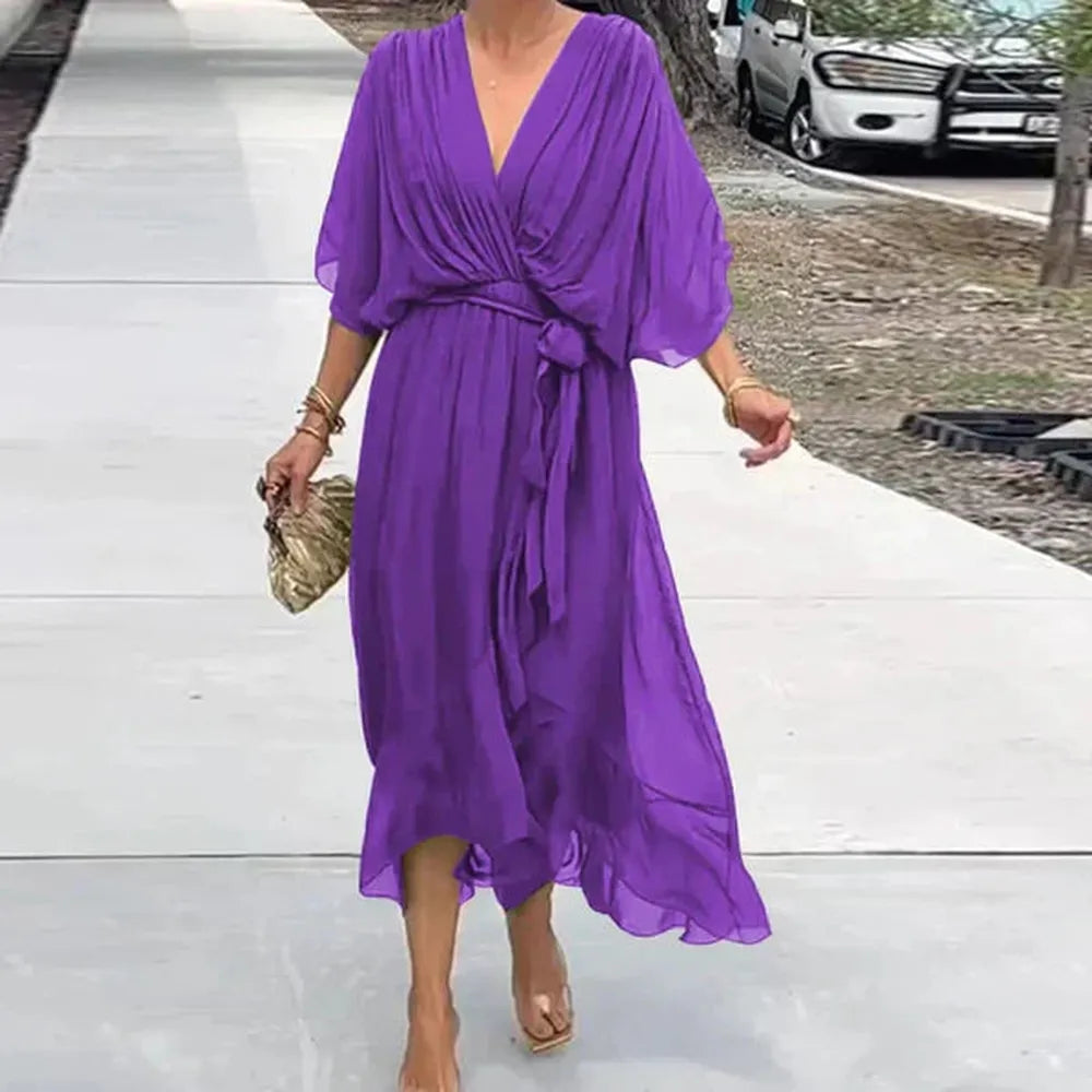 Long Chic Women's Summer Dress with Belt and Asymmetric Hem in Lightweight Fabric