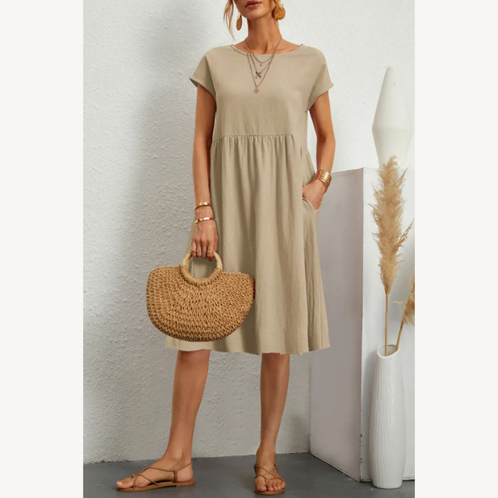 Variant image for Robe Femme Décontractée à Manches Courtes en Patchwork Uni – Silhouette Trapèze Élégante en Coton-57