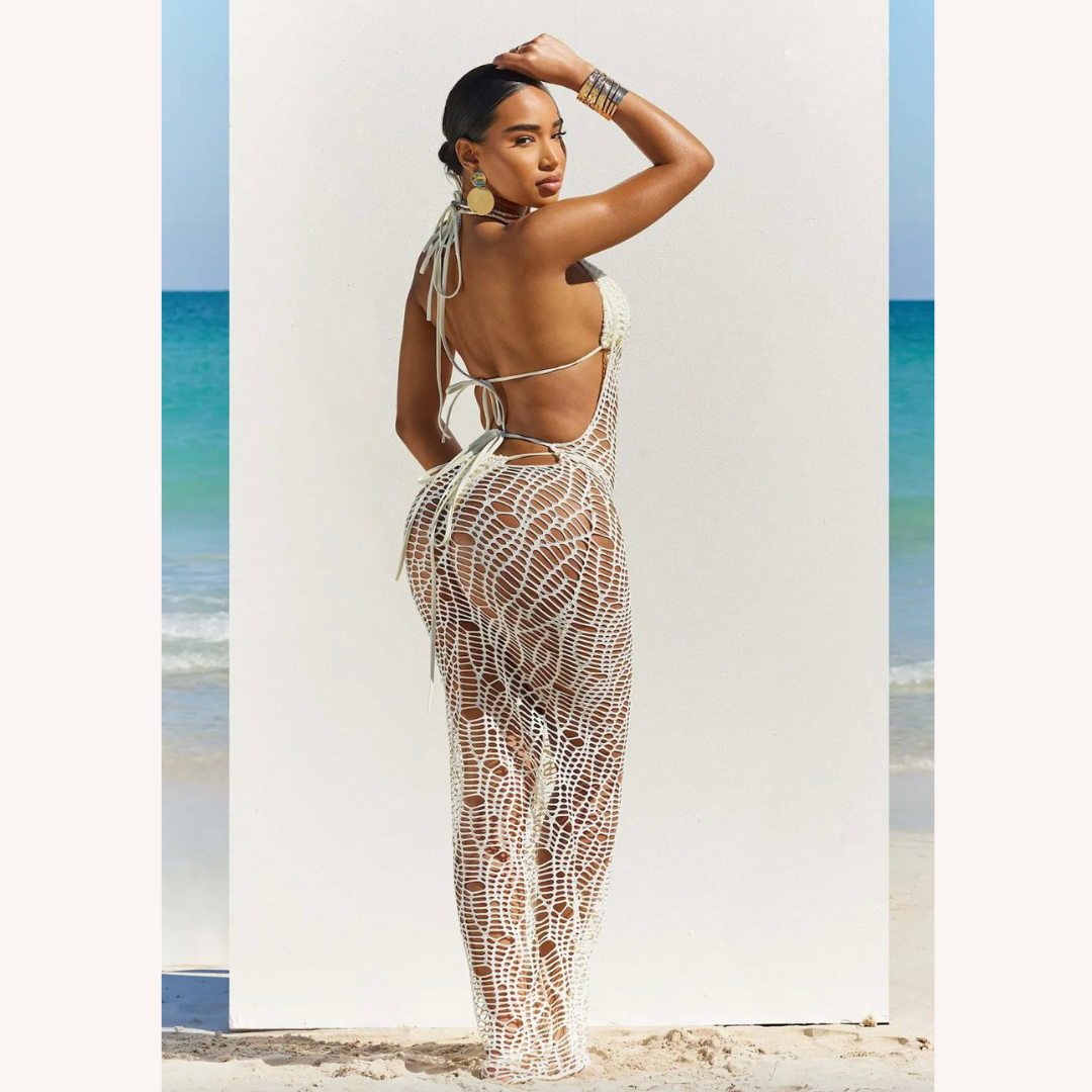 Elegant Long Women's Crochet Maxi Dress for Summer – Fitted Silhouette, Ideal for Beach and Evenings