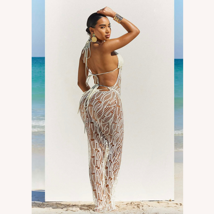 Elegant Long Women's Crochet Maxi Dress for Summer – Fitted Silhouette, Ideal for Beach and Evenings