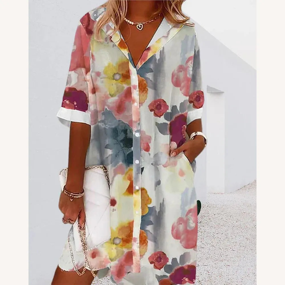 Loose Long Dress for Women with Mid-Length Sleeves in Lightweight Cotton for Summer Comfort