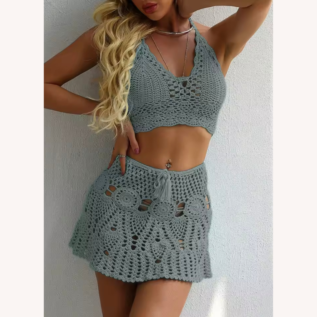 Boho Crochet Bikini Set with Pleated Cotton Skirt – Summer Elegance for Women