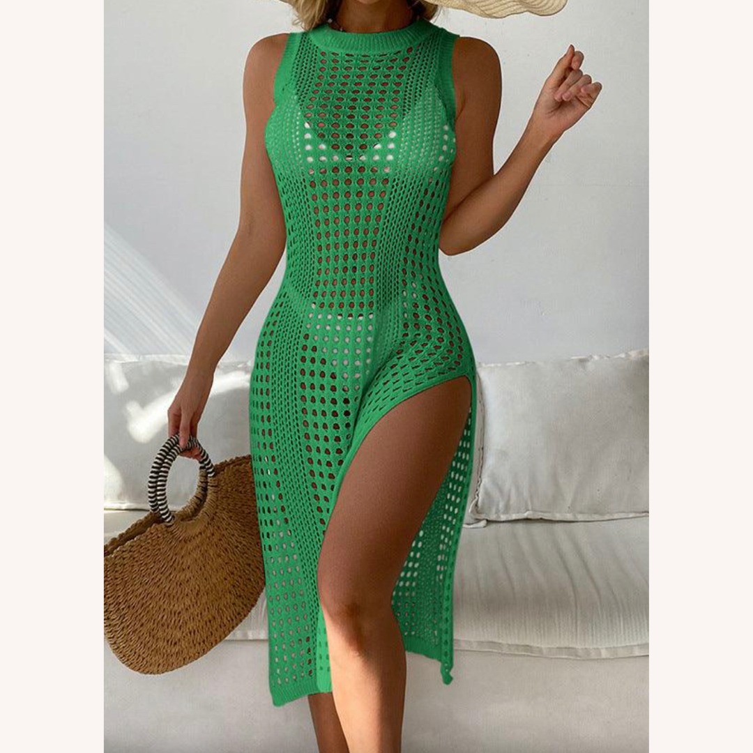 Elegant Women's Crochet Beach Dress – Comfortable Midi with Side Slit in Cotton Blend