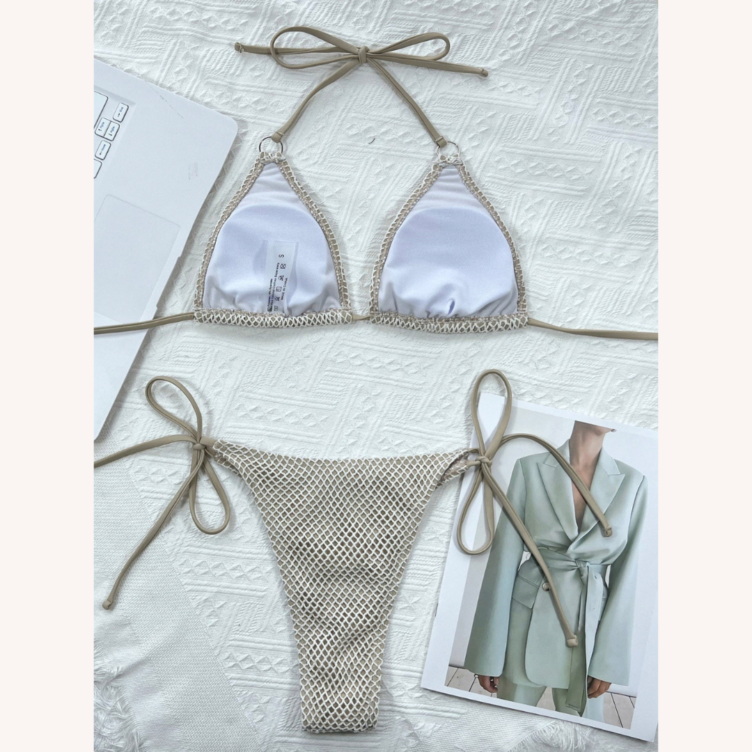 Bikini au Crochet Solide en Coton pour Femme – Triangle Top Léger et Extensible, Élégance Estivale