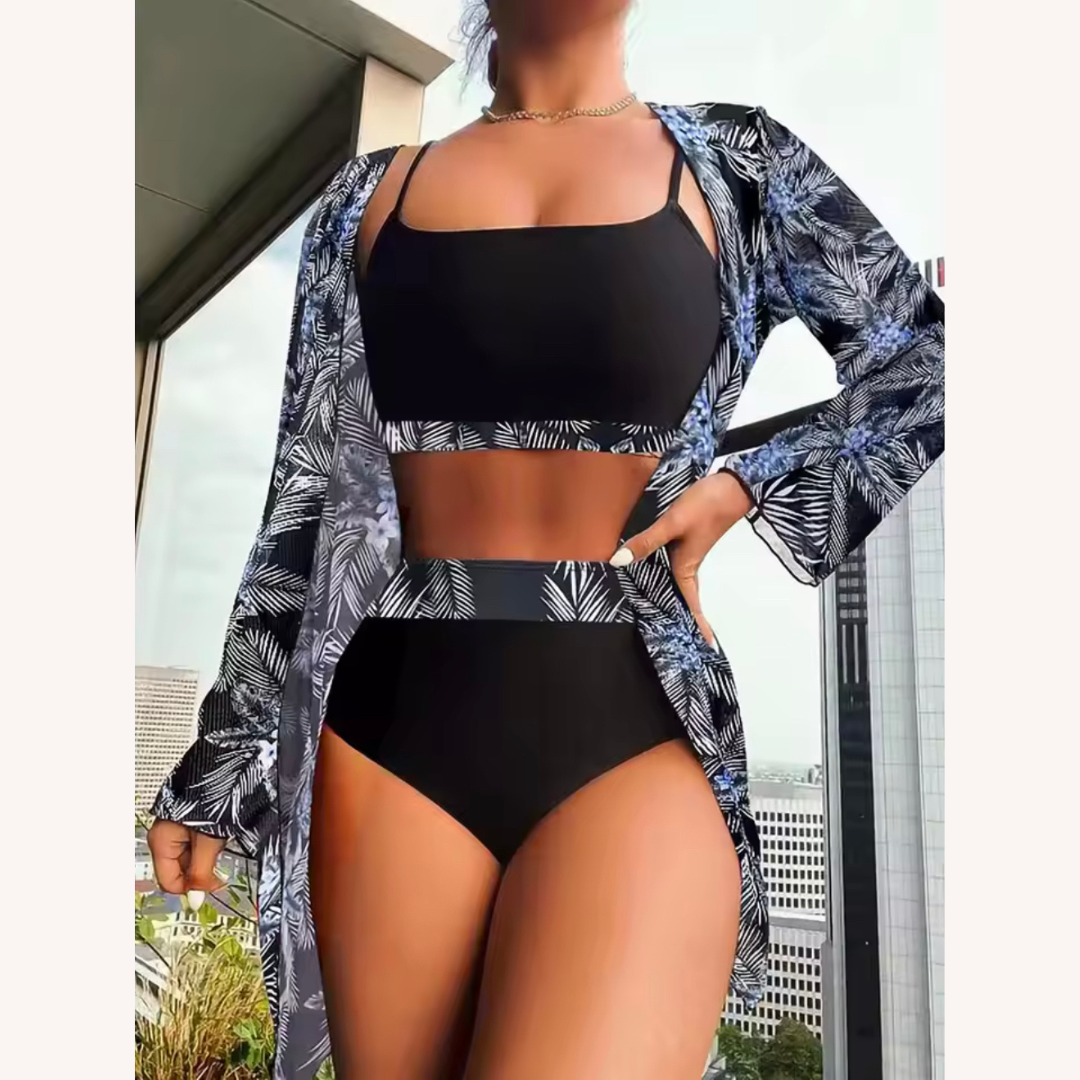 Women's Three-Piece High-Waisted Swimsuit with Long-Sleeve Blouse – Boho Chic Floral Style