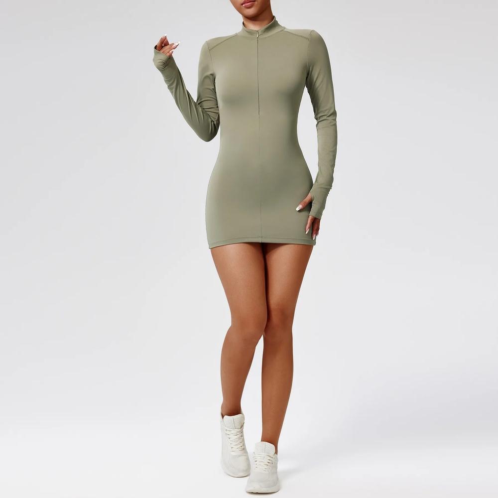 Robe Femme Mini Moulante à Manches Longues en Nylon et Spandex – Style Sporty-Chic avec Zip Frontal et Manches Passe-Pouce