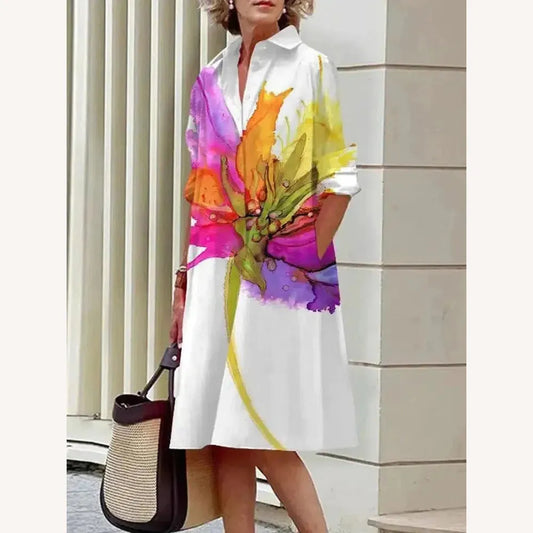 Chic Midi Dress Women in Silk and Elastane with Elegant Collar - Romantic Print, Flattering Length