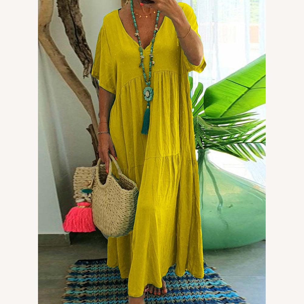 Robe Longue Femme Décontractée avec Décolleté en V – Robe Longue Été en Tissu Doux et Respirant