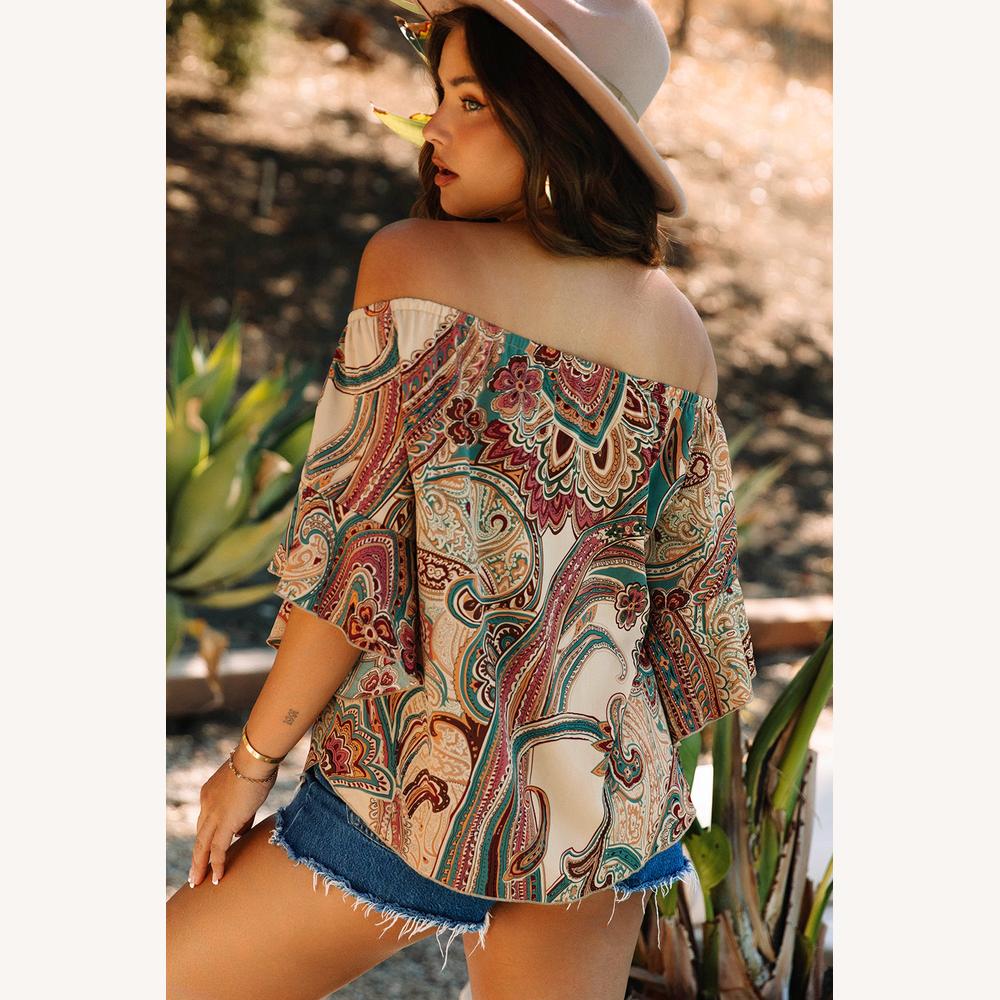 Top Bohemian Off-Shoulder Paisley Print – Lightweight and Airy Fabric for Women, Flared Short Sleeves, Ideal for Summer
