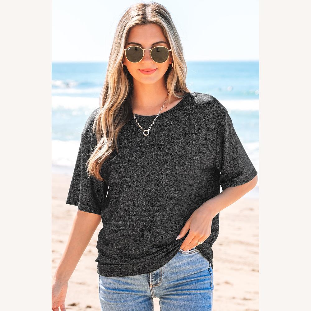 Women's Black Glittery T-Shirt Short Sleeves – Casual and Glamorous Style, Stretchy Comfort