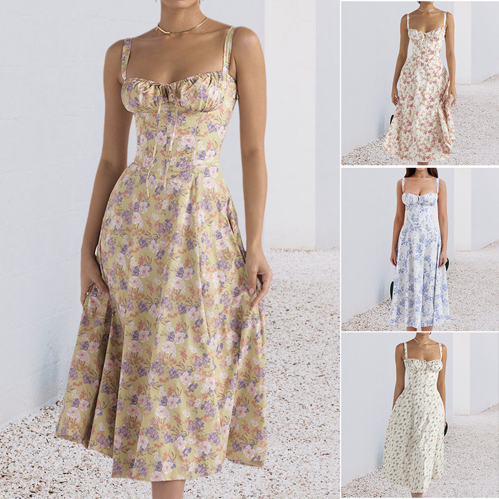 Chic Women's Summer Dress with Corset Details and Side Slit - Colorful Print, Soft Polyester