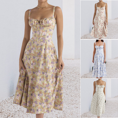 Chic Women's Summer Dress with Corset Details and Side Slit - Colorful Print, Soft Polyester