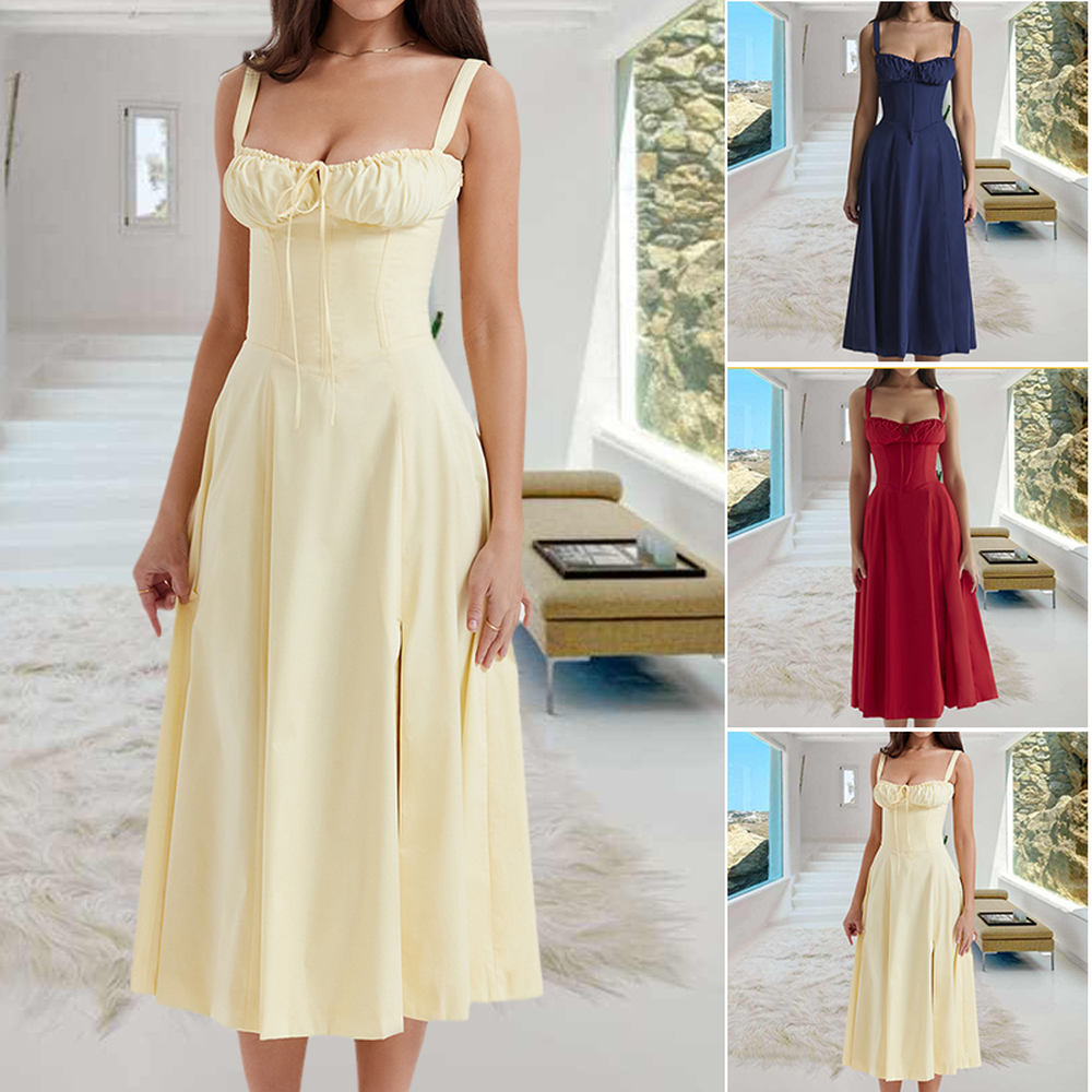 Chic Women's Summer Dress with Corset Details and Side Slit - Colorful Print, Soft Polyester