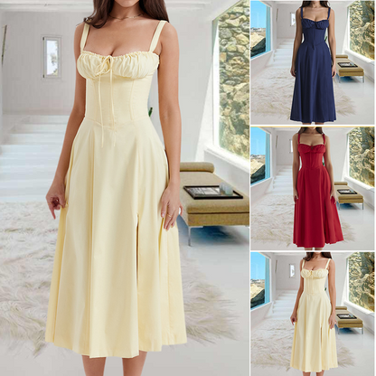 Chic Women's Summer Dress with Corset Details and Side Slit - Colorful Print, Soft Polyester