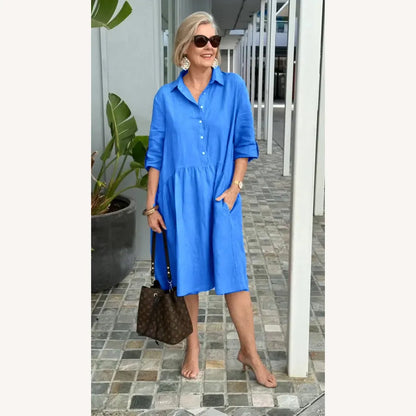 Women's Casual Dress in Linen and Cotton Mid-Length - Comfortable with Pockets, Round Neckline, Multiple Colors