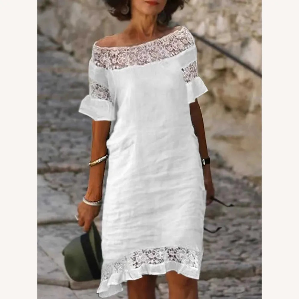 Robe Longue Femme Décontractée en Lin et Dentelle de Coton à Manches Trois-Quarts – Élégance et Confort
