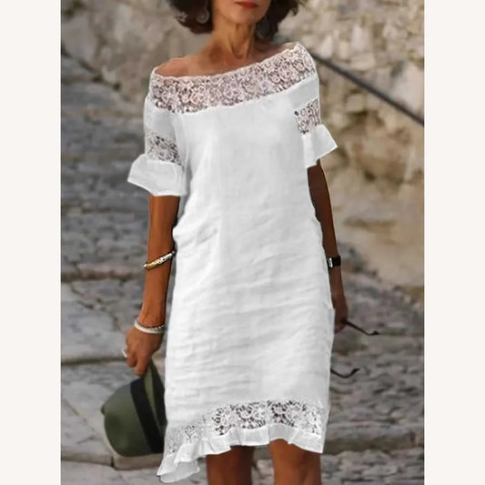 Casual Long Dress for Women in Linen and Cotton Lace with Three-Quarter Sleeves – Elegance and Comfort