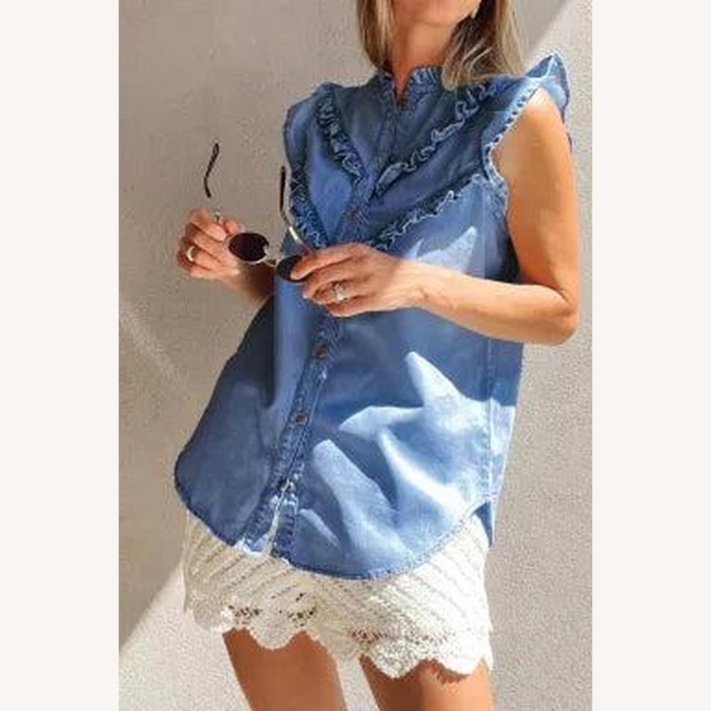 Women's Sleeveless Blouse in Soft Blue Denim with Ruffled Details – Elegant and Comfortable Style