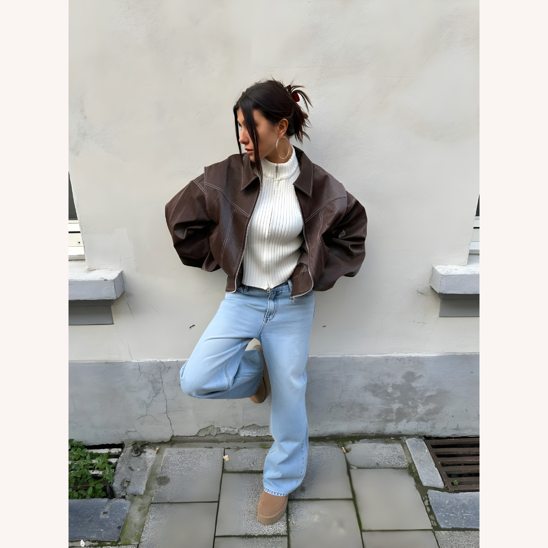 Women's Oversized Bomber Jacket Red Size M Vegan Faux Leather