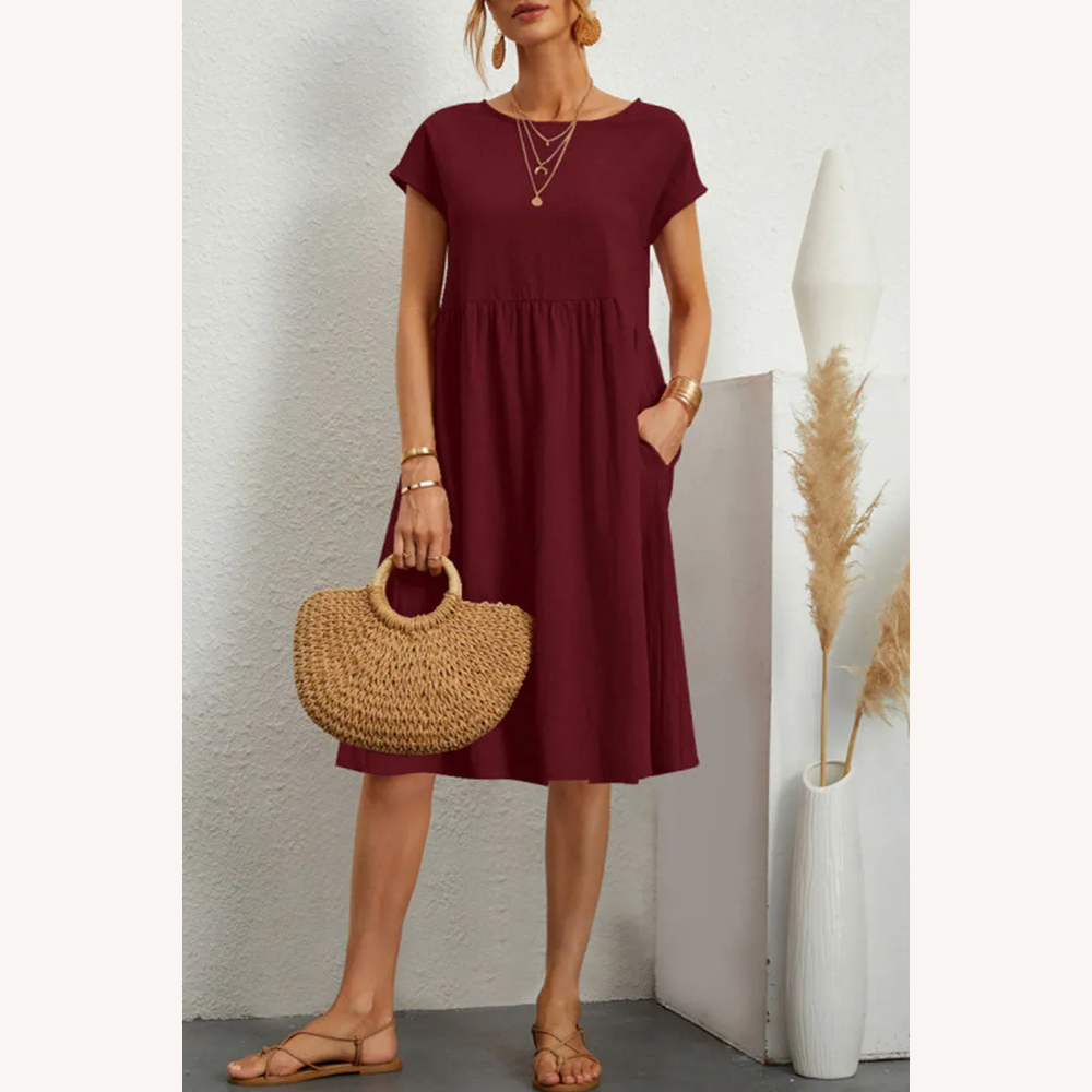 Variant image for Robe Femme Décontractée à Manches Courtes en Patchwork Uni – Silhouette Trapèze Élégante en Coton-65