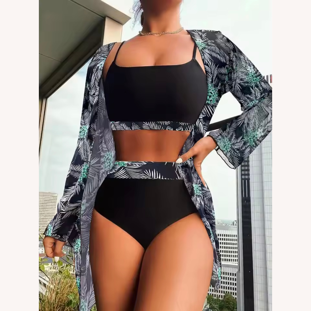 Women's Three-Piece High-Waisted Swimsuit with Long-Sleeve Blouse – Boho Chic Floral Style