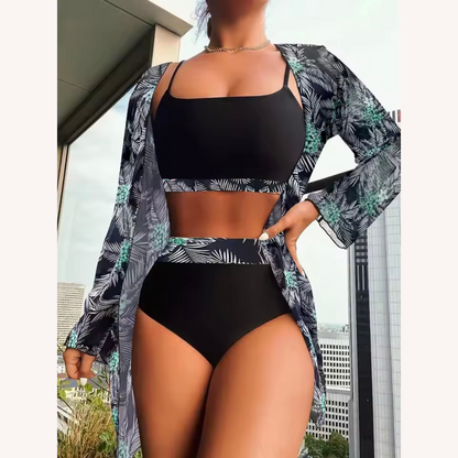 Women's Three-Piece High-Waisted Swimsuit with Long-Sleeve Blouse – Boho Chic Floral Style
