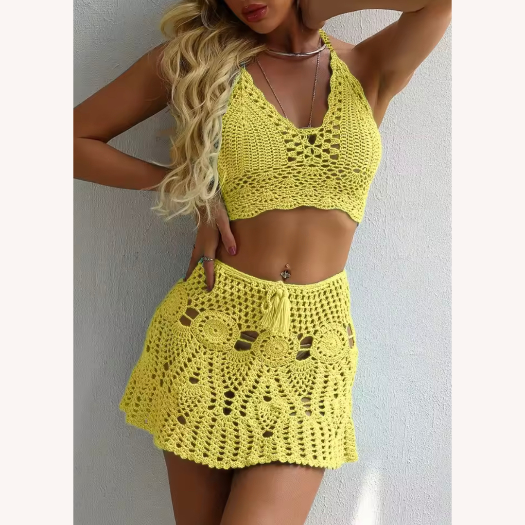 Boho Crochet Bikini Set with Pleated Cotton Skirt – Summer Elegance for Women