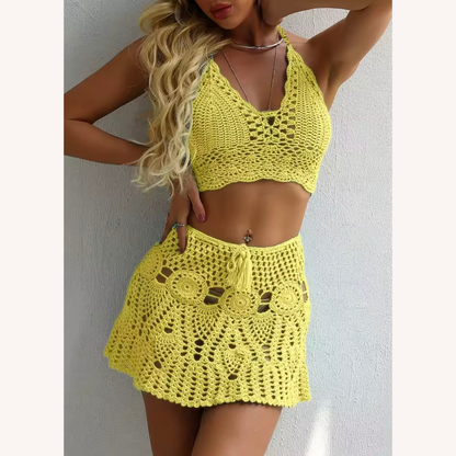 Boho Crochet Bikini Set with Pleated Cotton Skirt – Summer Elegance for Women