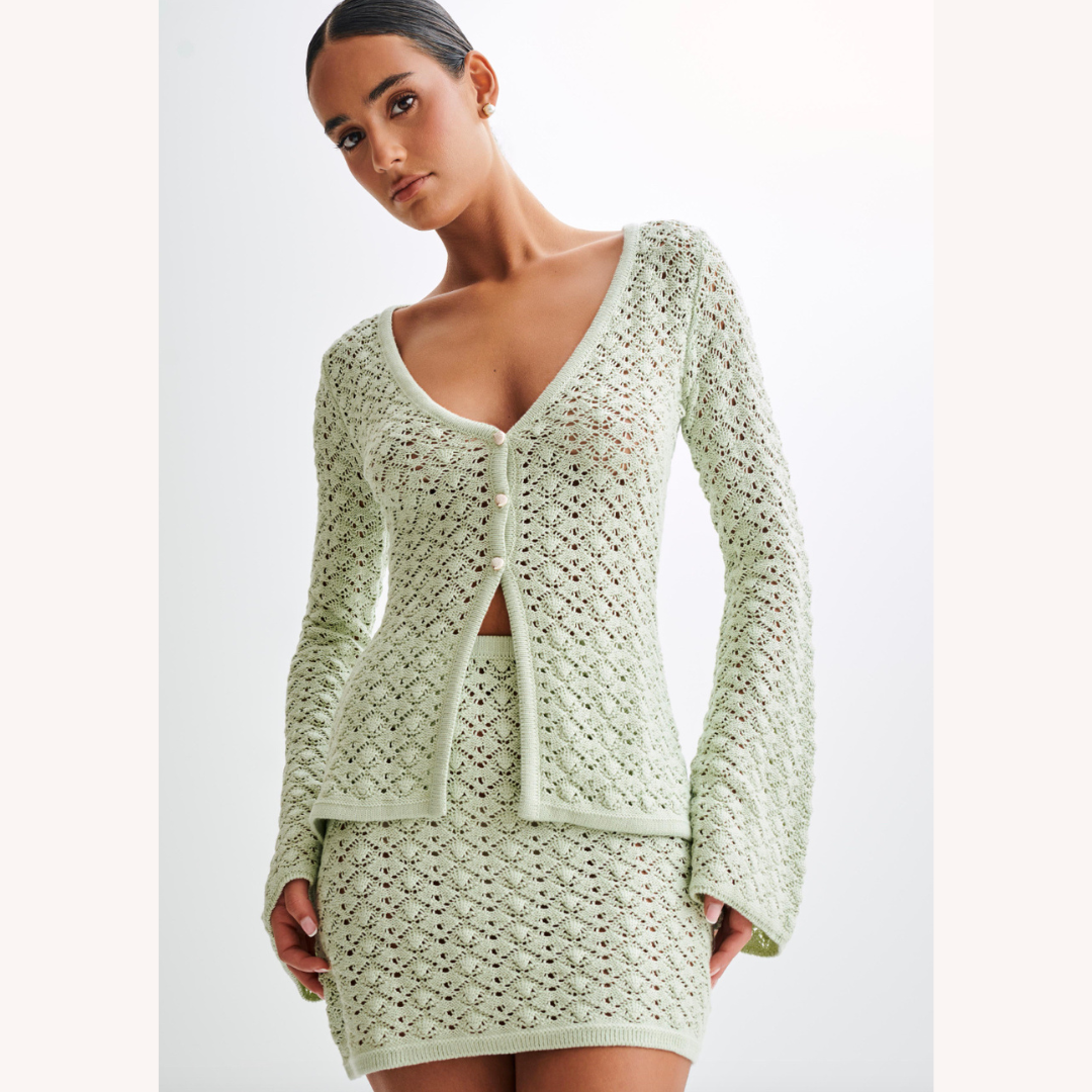 Women's Boho Chic Crochet Set - V-Neck Cardigan and Matching Mini Skirt in Breathable Cotton