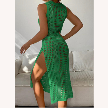 Elegant Women's Crochet Beach Dress – Comfortable Midi with Side Slit in Cotton Blend