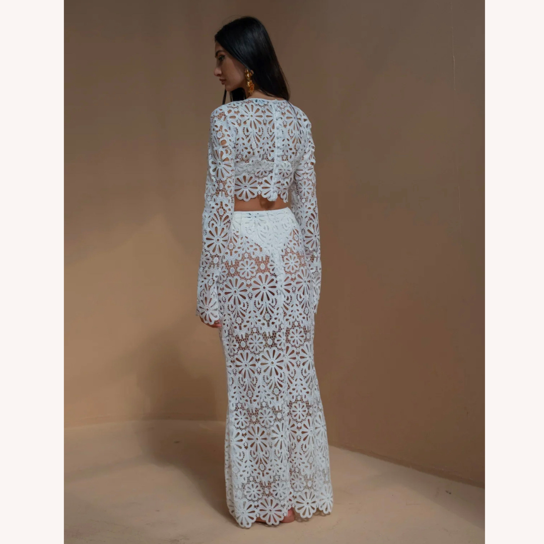 White Crochet Lace Set for Women – Long Sleeve Crop Top and Boho Chic Maxi Skirt