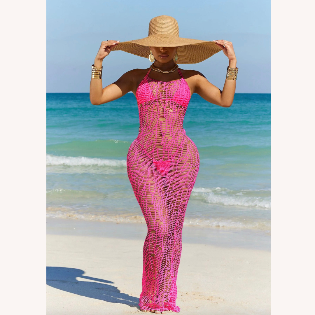 Robe Longue Femme au Crochet Élégante - Maxi Chic Côtier, Silhouette Moulante pour Été