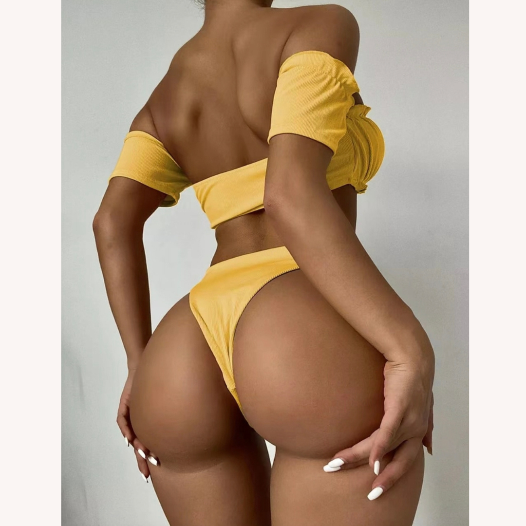 Women's Off-Shoulder Bikini with Hollow Details and Ruffle Accents – Elegant Swimsuit for Summer