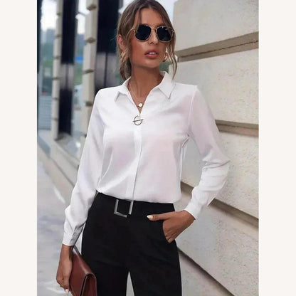 Women's Chic Blouse with Long Sleeves - Classic Elegance in Fitted Polyester