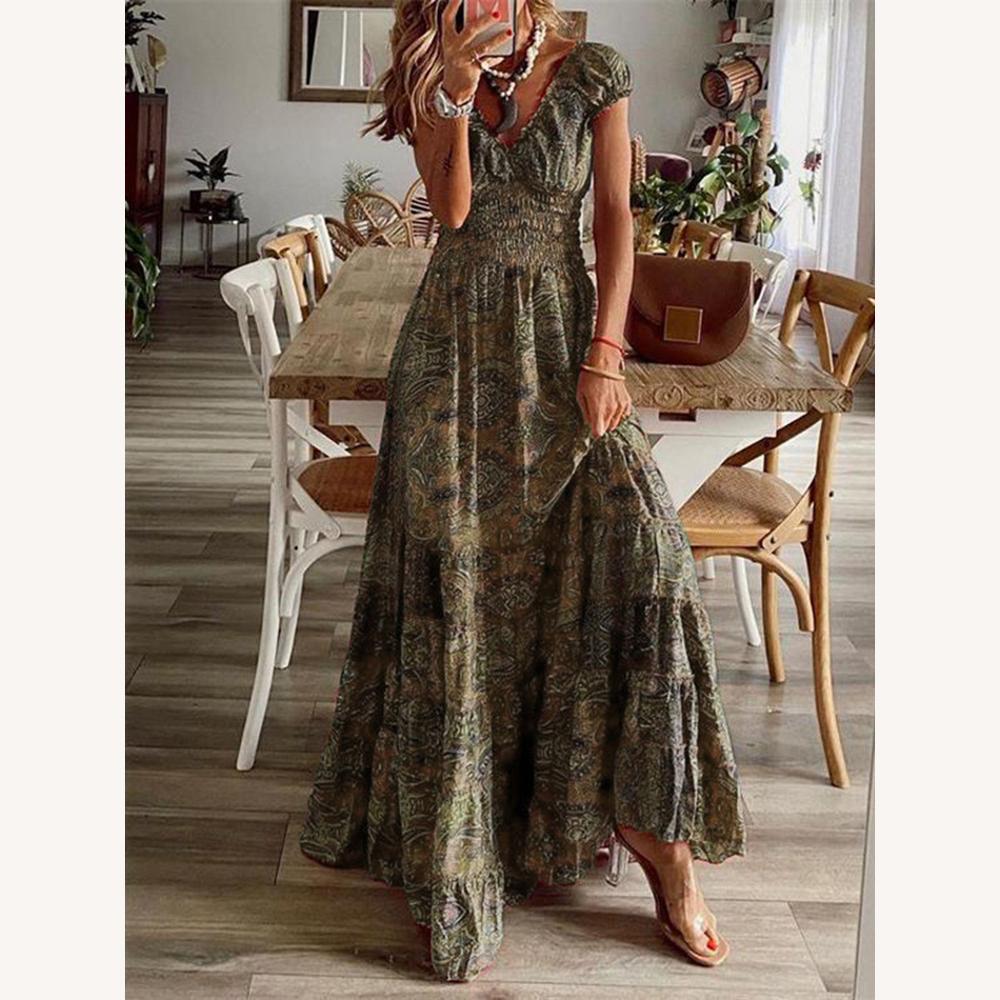 Robe Femme à Manches Courtes Col en V Imprimé Vibrant – Élégance et Confort pour Été