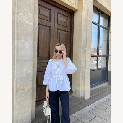 Feminine Knot Blouse in Lightweight Cotton with Puff Sleeves – Elegant V-Neck and Loose Fit