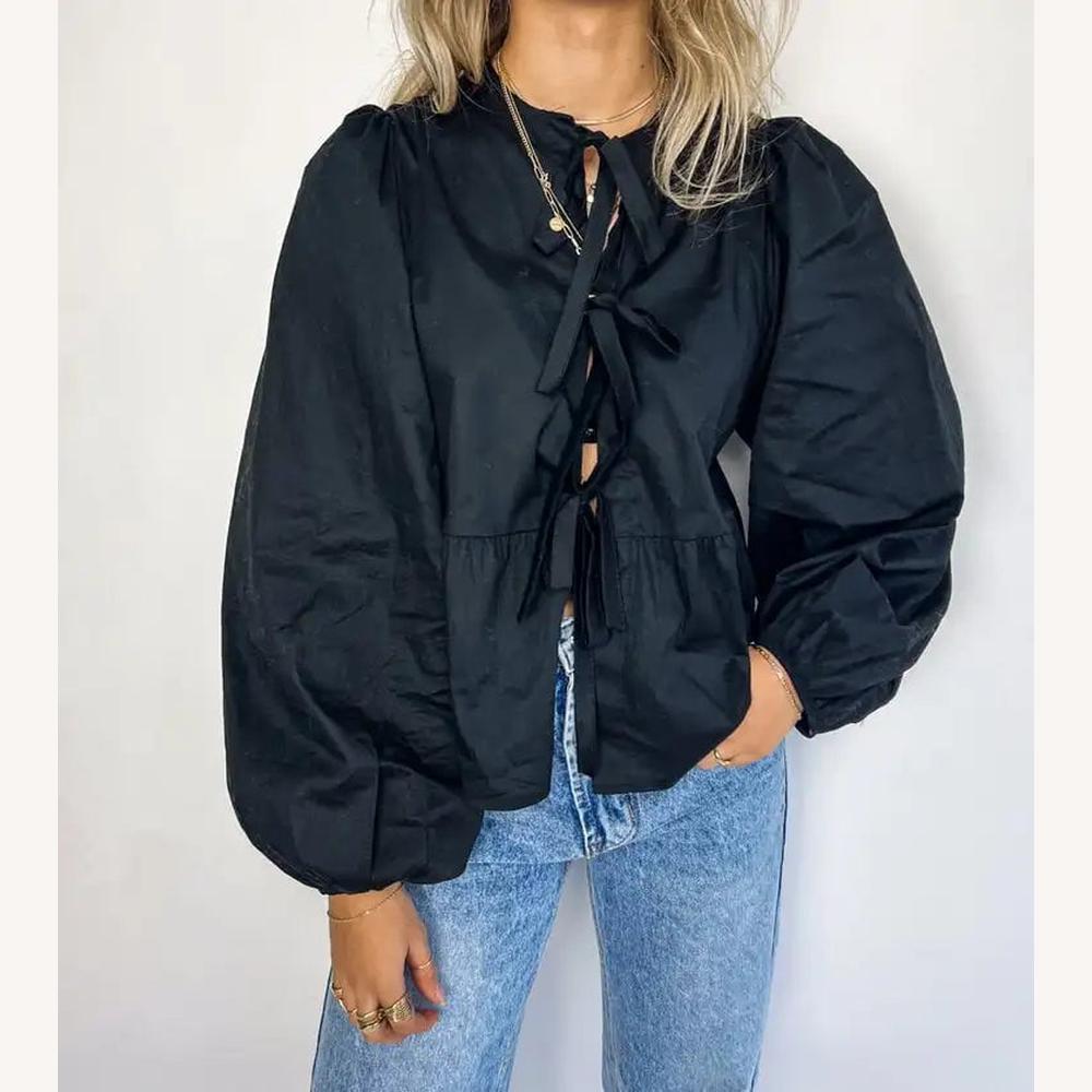 Variant image for Blouse à Nœuds Féminine en Coton Léger avec Manches Bouffantes – Élégante Col V et Coupe Ample-10