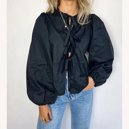 Variant image for Blouse à Nœuds Féminine en Coton Léger avec Manches Bouffantes – Élégante Col V et Coupe Ample-10