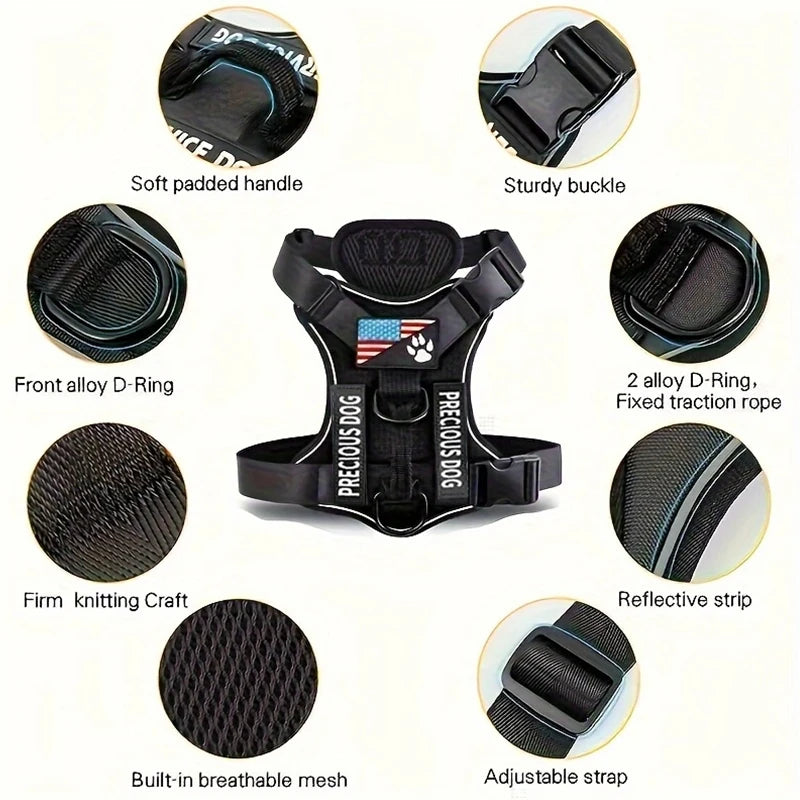 Adjustable Reflective Dog Harness with 5 Patches – Soft Oxford Vest for Service Dogs