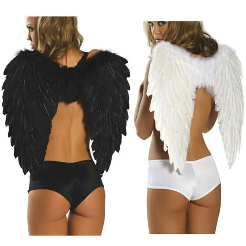 Ailes d'Ange en Plumes Luxueuses – Accessoire Élégant pour Halloween et Cosplay, Design Pliable, Noir et Blanc