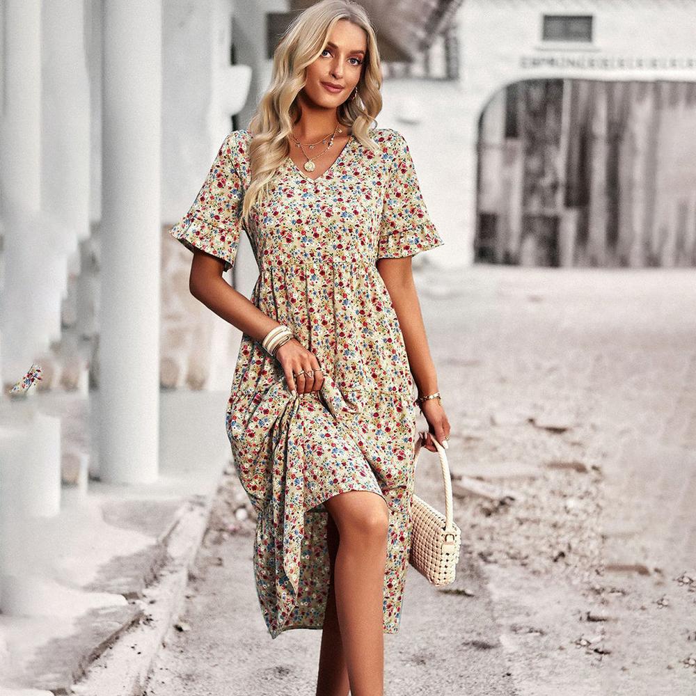 Robe d'Été Fleurie Femme Longue – Élégante en Abricot, Noir, Bleu, Vert et Bleu Royal, Modèle Chic et Polyvalent