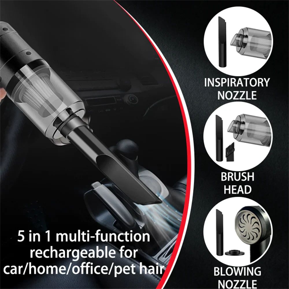 Portable Vacuum Cleaner 5 in 1 with Powerful Suction 15,000 Pa and USB-C Charging – Lightweight and Practical for Car and Home
