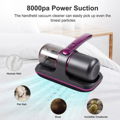 Aspirateur compact pour matelas 100W avec lumière UV et aspiration 8000Pa – Nettoyage sans fil léger et efficace