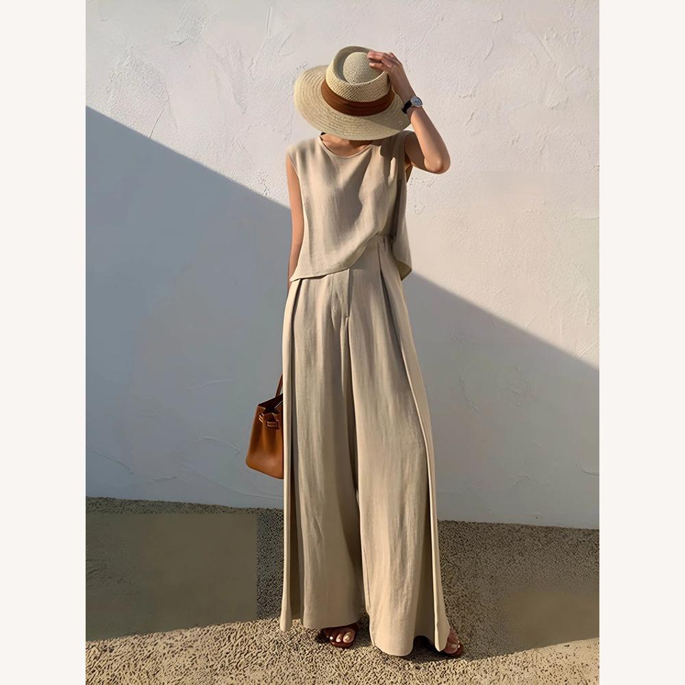 Women's Linen Suit Set – Sleeveless Top and High-Waisted Pants, Chic and Comfortable for Summer